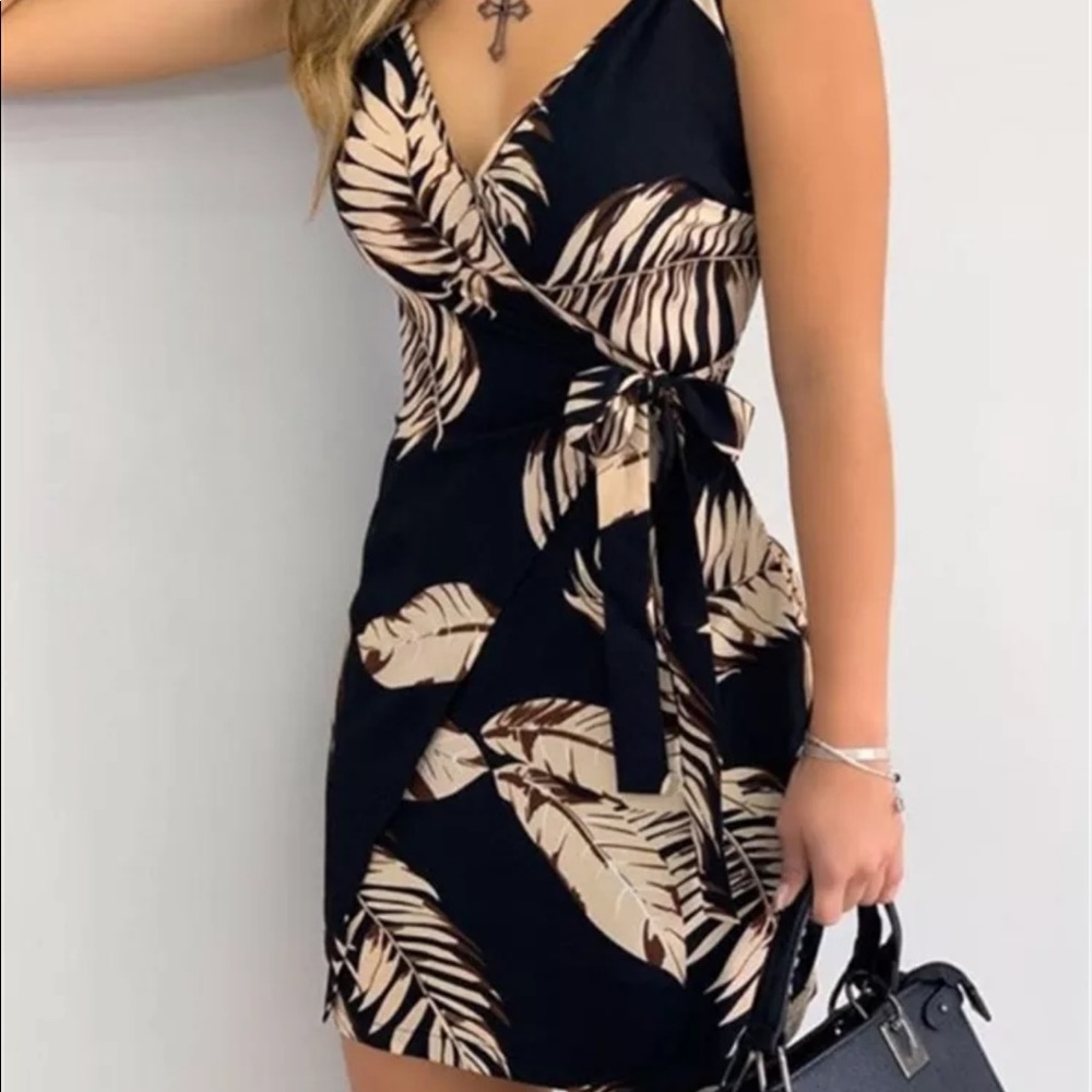 Tropical Print V neck Wrap Casual dress for summer